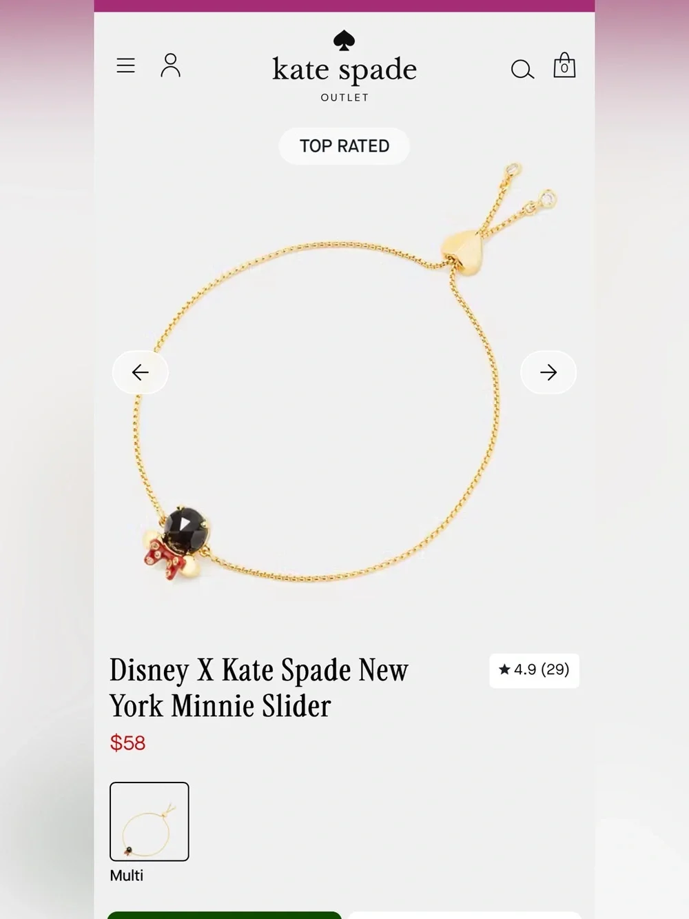 NWT Kate Spade gold-tone black and red Minnie Disney slider bracelet